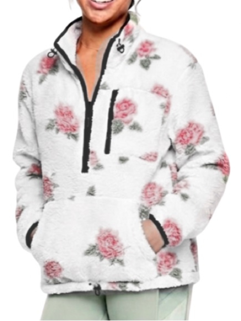 Victoria's Secret PINK Rose Floral Teddy Sherpa Half Zip Pullover Size Large